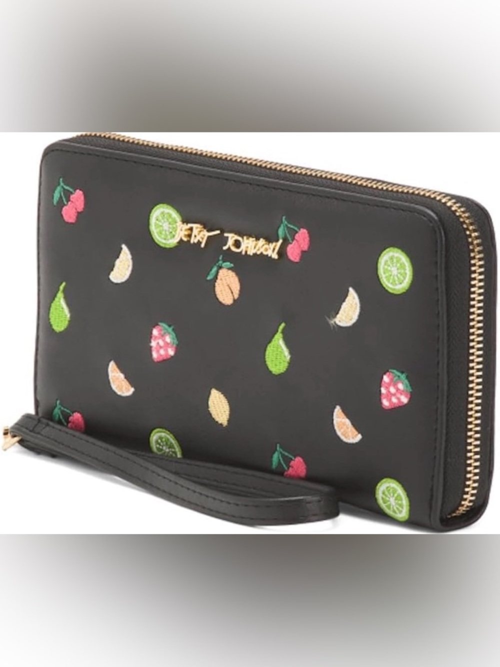 Betsey Johnson Black Zip Wallet with Colorful Fruit Embroidery